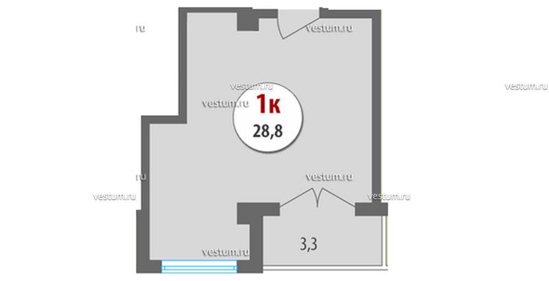 1-комнатная квартира 28.8 м² в ЖК "Речной квартал" планировка1/13