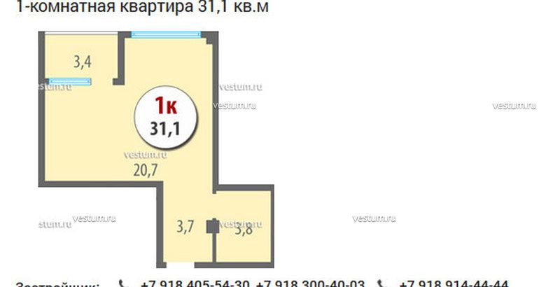 1-комнатная квартира 31.6 м² в ЖК "Эдельвейс" Планировка квартиры1/15