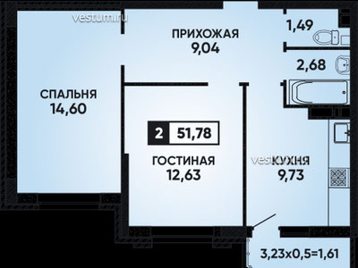 2-комнатная квартира 52 м² в ЖК "Губернский", литер 1