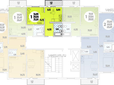 1-комнатные квартиры от 31 до 40 м² в ЖК "Алексино" планировка