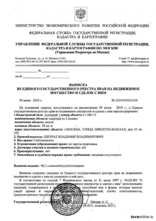 Пример выписки из ЕГРП.|tuvaonline.ru