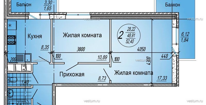 2-комнатная квартира 52.4 м² в ЖК "Центральный", литер 21/6