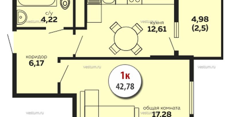 1-комнатная квартира 43 м² в ЖК "Кутузовский", очередь 1 планировка квартиры1/10