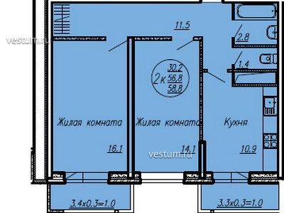 2-комнатная квартира 58.4 м² в ЖК "Мечта"