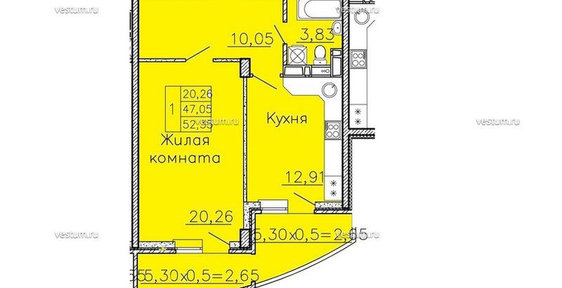 1-комнатная квартира 52.35 м² в ЖК "Авиатор", очередь 21/4