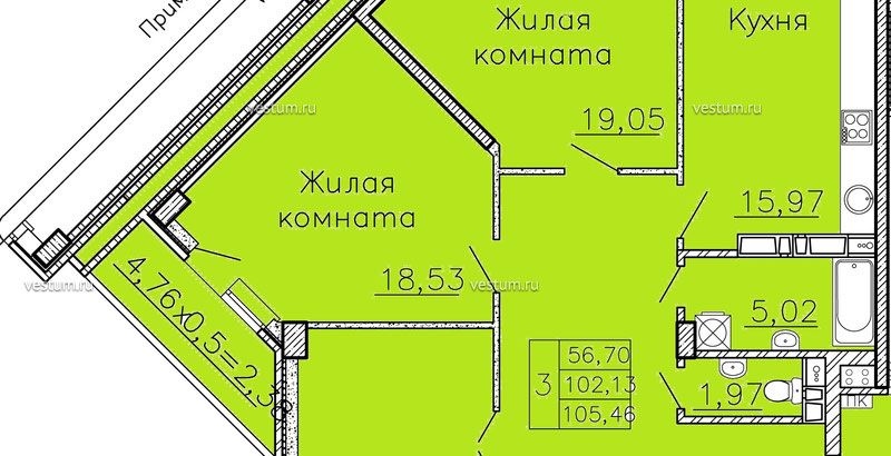 3-комнатная квартира 105.46 м² в ЖК "Авиатор", очередь 21/4