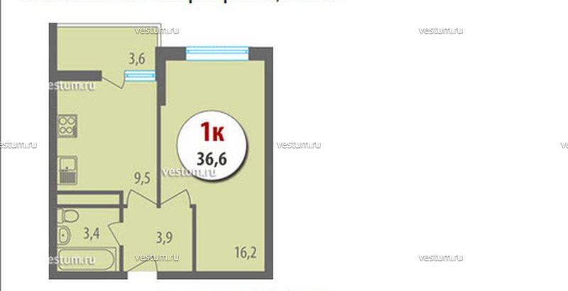 1-комнатная квартира 36.6 м² в ЖК "Лазурный-2", литер 2, секция А планировка квартиры1/7