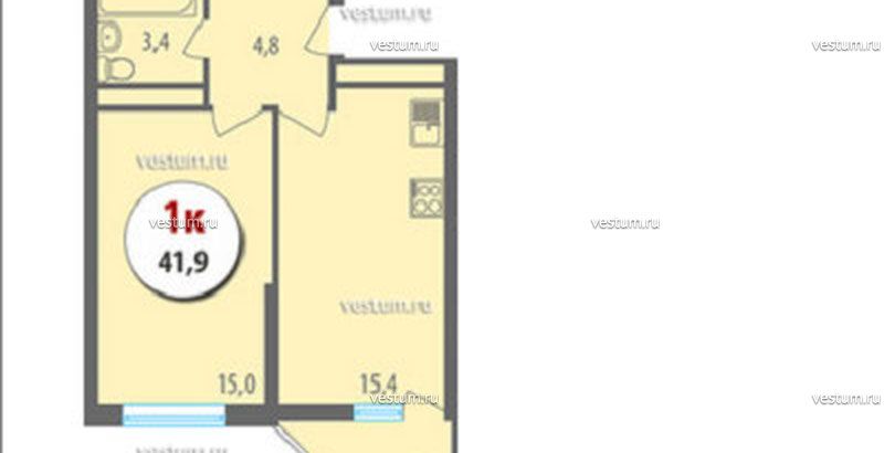 1-комнатная квартира 42 м² в ЖК "Лазурный-2", литер 2, секция А планировка квартиры1/7