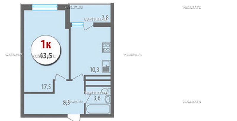 1-комнатная квартира 44 м² в ЖК "Лазурный-2", литер 2, секция А планировка квартиры1/7