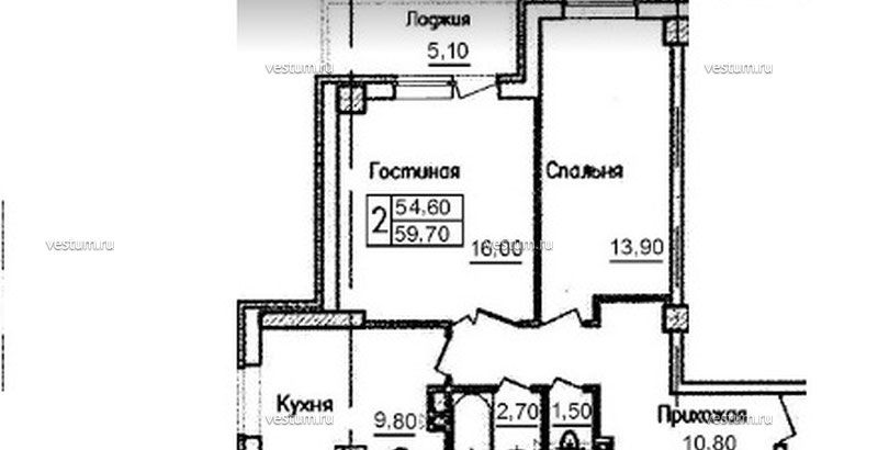 2-комнатная квартира 59.7 м²