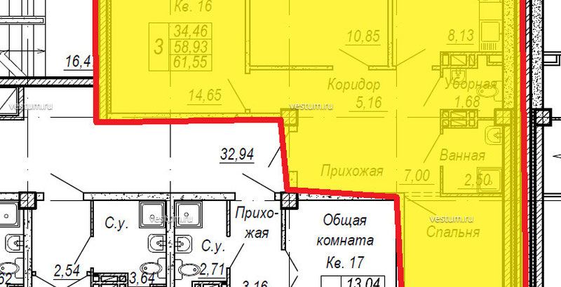 3-комнатная квартира 62 м²1/3