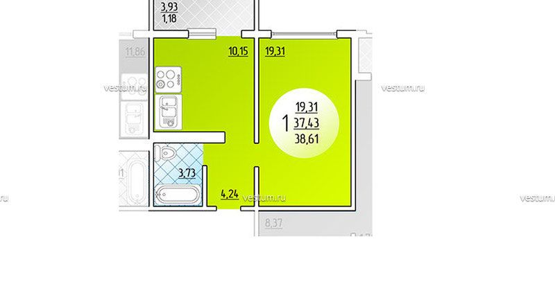 1-комнатная квартира 38.61 м² в ЖК "Молодежный", литер 381/6