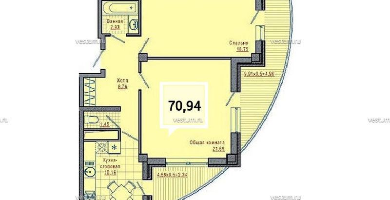 2-комнатная квартира 70.94 м² в ЖК "Империал", литер 81/13