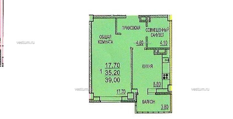 1-комнатная квартира 39 м²