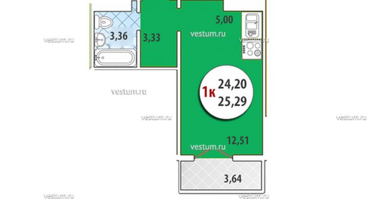 1-комнатная квартира 25.3 м² в ЖК "Горгиппия", очередь 2, литер 61/4