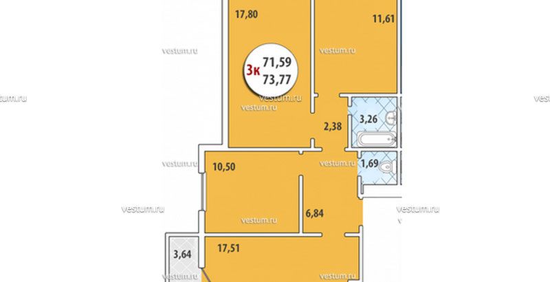 3-комнатная квартира 74 м² в ЖК "Горгиппия", очередь 2, литер 41/7