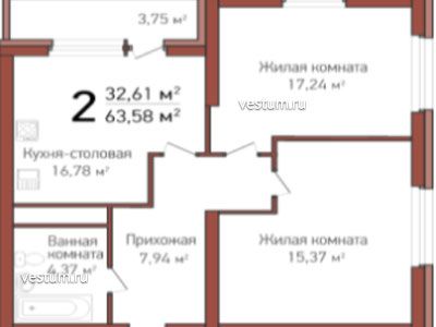 2-комнатные апартаменты 63.58 м² в ЖК "Эврика"