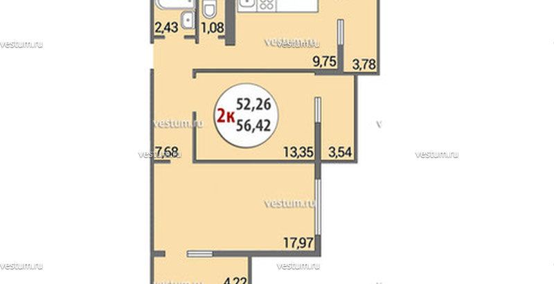 2-комнатная квартира 56.52 м² в ЖК на ул. Анапское шоссе, литер 3 Планировка квартиры1/4
