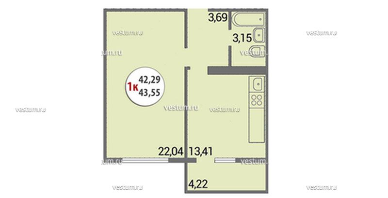 1-комнатная квартира 43.55 м² в ЖК на ул. Анапское шоссе, литер 3 Планировка квартиры1/4
