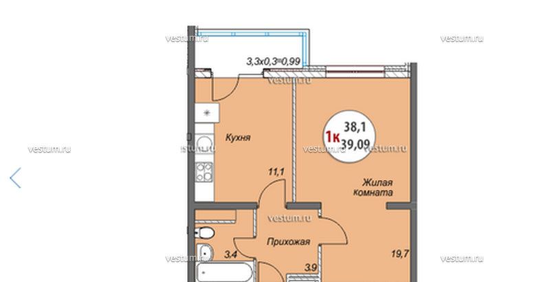1-комнатная квартира 39 м² в ЖК "Триумф", секция 2 планировка квартиры1/5