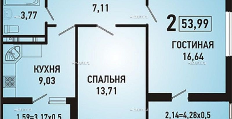 2-комнатная квартира 51 м² в ЖК "Губернский", литер 241/8