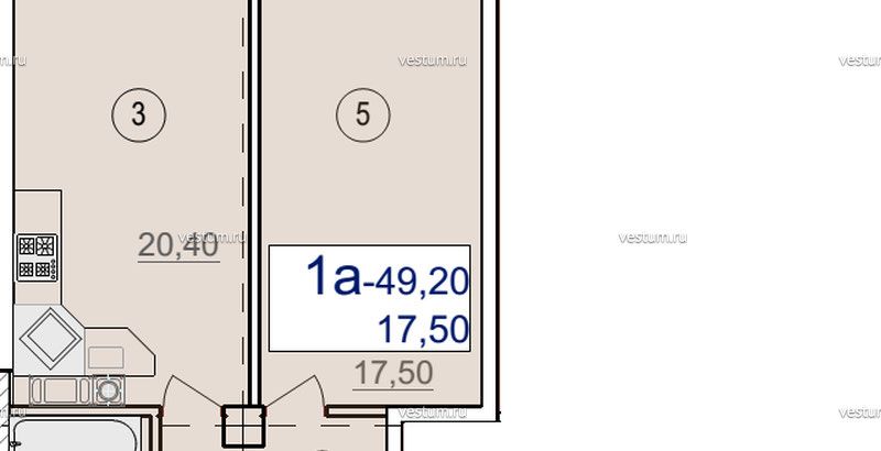 1-комнатная квартира 49.2 м²