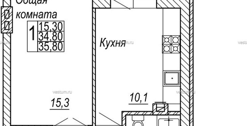 1-комнатная квартира 35.8 м²1/2