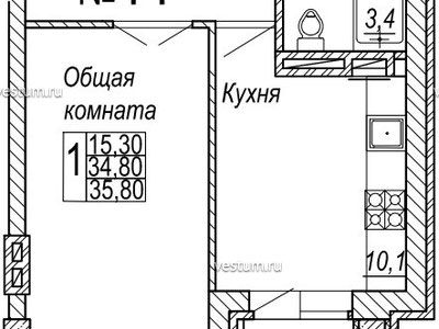 1-комнатная квартира 35.8 м²