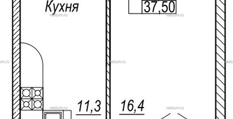 1-комнатная квартира 37.5 м²