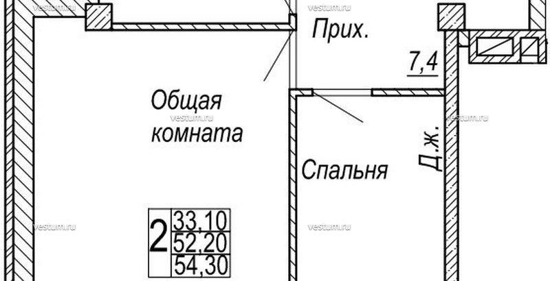 2-комнатная квартира 54.3 м²