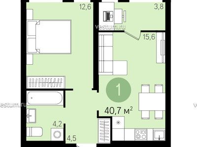 1-комнатная квартира 40.7 м² в ЖК "Суходольский"