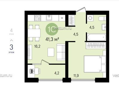 1-комнатная квартира 41.3 м² в ЖК "Шишимская горка"