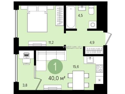 1-комнатная квартира 40 м²