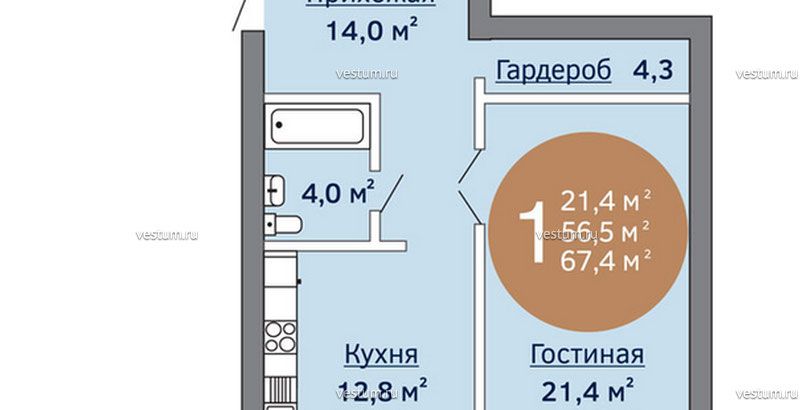 1-комнатная квартира 67.4 м² в МФК "Новосити", корпус "Панорама" планировка квартиры1/20