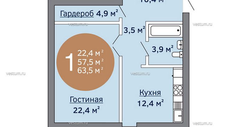 1-комнатная квартира 64 м² в МФК "Новосити", корпус "Панорама" планировка квартиры1/21