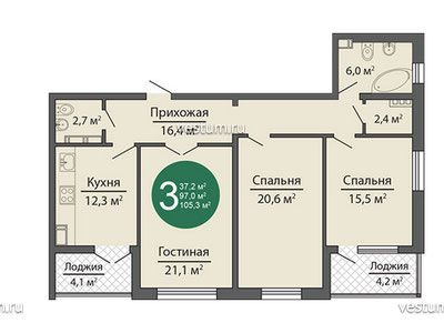 3-комнатная квартира 105.3 м² в МФК "Новосити", корпус "Парус" планировка квартиры