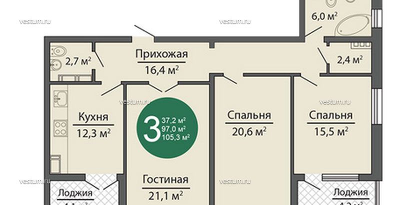 3-комнатная квартира 105.3 м² в МФК "Новосити", корпус "Парус" планировка квартиры1/6