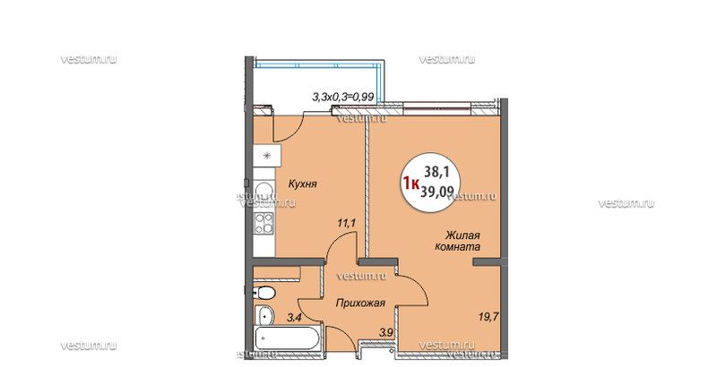 1-комнатная квартира 39.09 м² в ЖК "Триумф", секция 2 планировка1/5