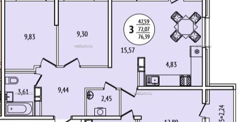 3-комнатная квартира 76.66 м²1/3