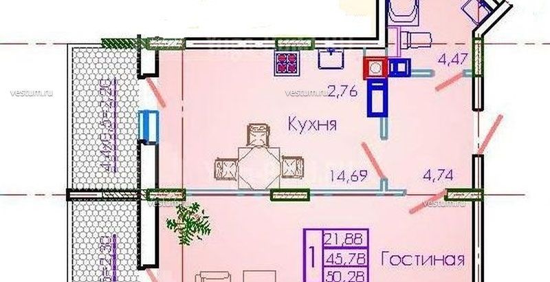 1-комнатная квартира 50.28 м² в ЖК "Ривьера", литер 101/18