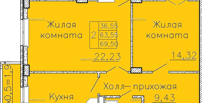 2-комнатная квартира 69.5 м² в ЖК "Авиатор", очередь 21/4