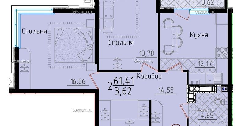 2-комнатная квартира 61.41 м² в ЖК "Горизонт", литер 2А1/9