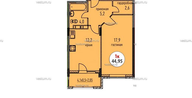 1-комнатная квартира 44.95 м² в ЖК "Бельведер", литер 121/3
