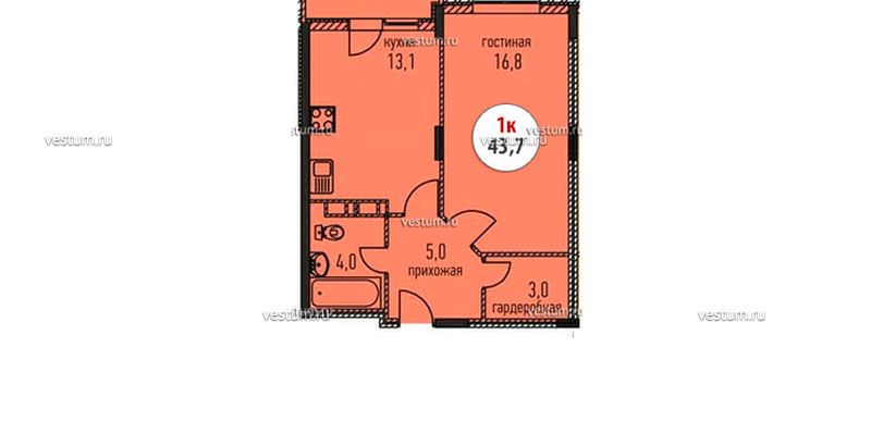 1-комнатная квартира 43.7 м² в ЖК "Бельведер", литер 121/2