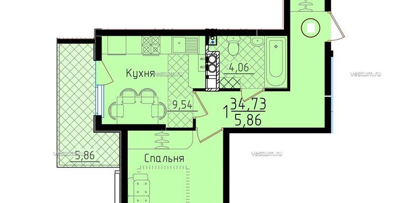 1-комнатная квартира 34.48 м² в ЖК "Горизонт", литер 2А1/9