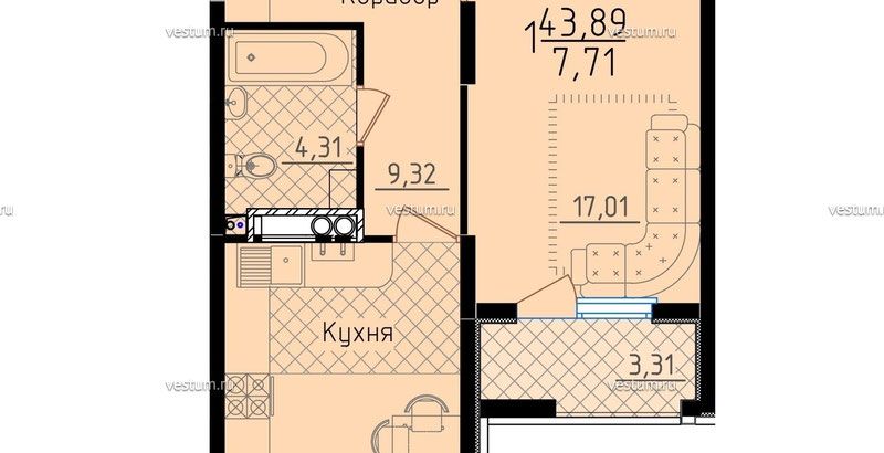 1-комнатная квартира 43.89 м² в ЖК "Горизонт", литер 2А1/9