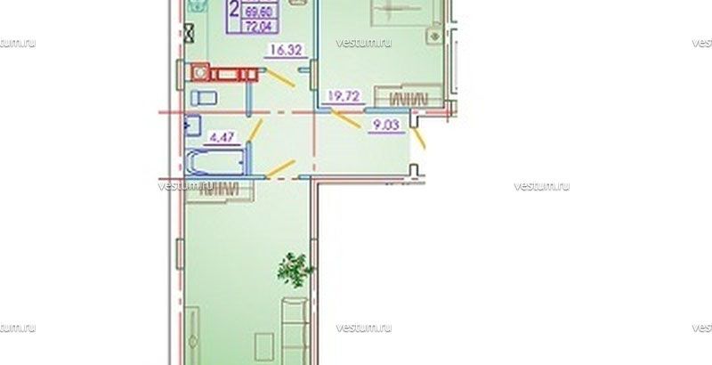 2-комнатная квартира 72.04 м² в ЖК "Ривьера", литер 101/17