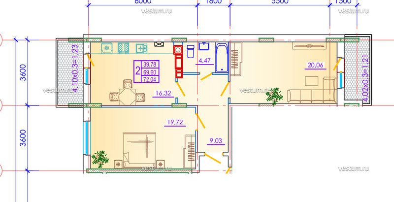 2-комнатная квартира 72 м² в ЖК "Ривьера", литер 131/23