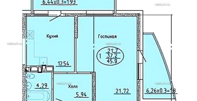 1-комнатная квартира 45.9 м²