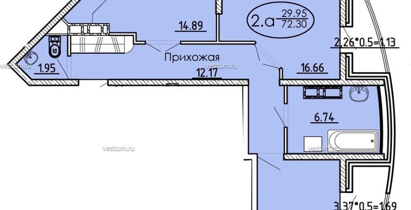 2-комнатная квартира 72.3 м² в ЖК "Каскад" на ул. Благоева1/4